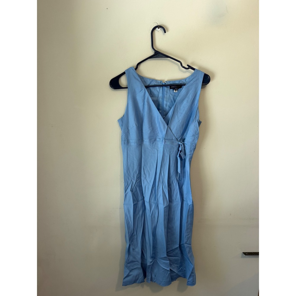 Ann Taylor Blue 100% Silk Sleeveless Surplice V-Neck Side Tie Pleated Dress 4